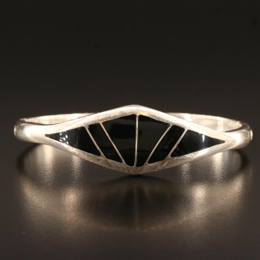 Mexican Sterling Silver Oval Hinged Bangle Featuring Glass Inlay Design