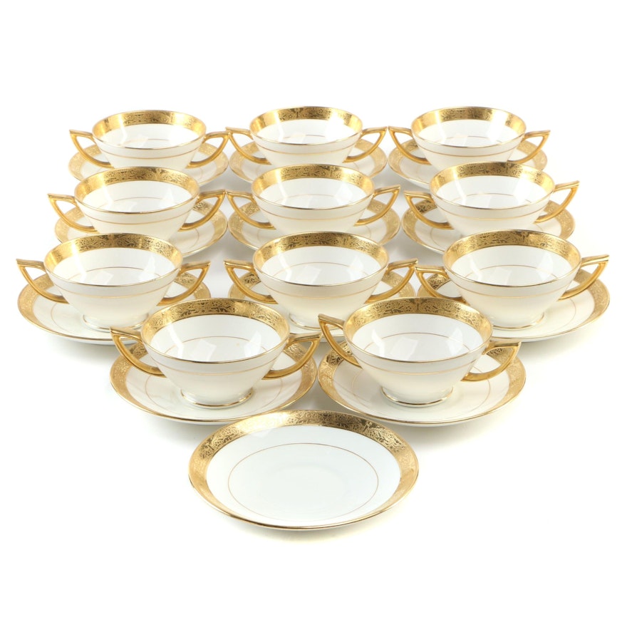 Minton Gilt Encrusted Porcelain Double-Handle Soup Cups and Saucers