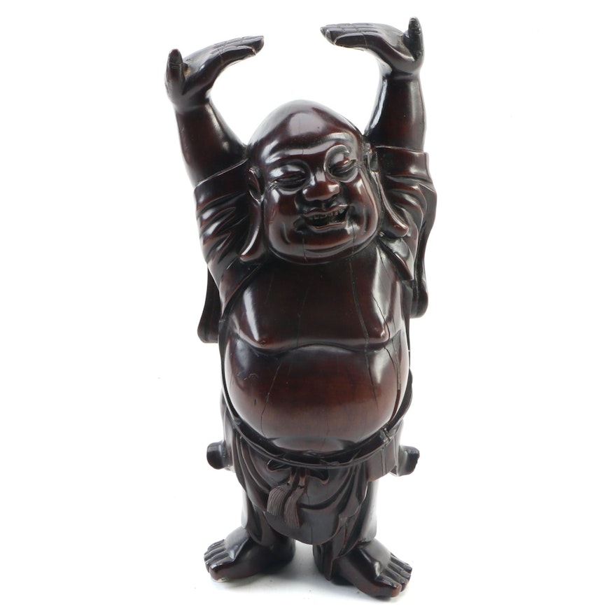 Japanese Polished Wooden "Hotei" Happy Buddha Figure