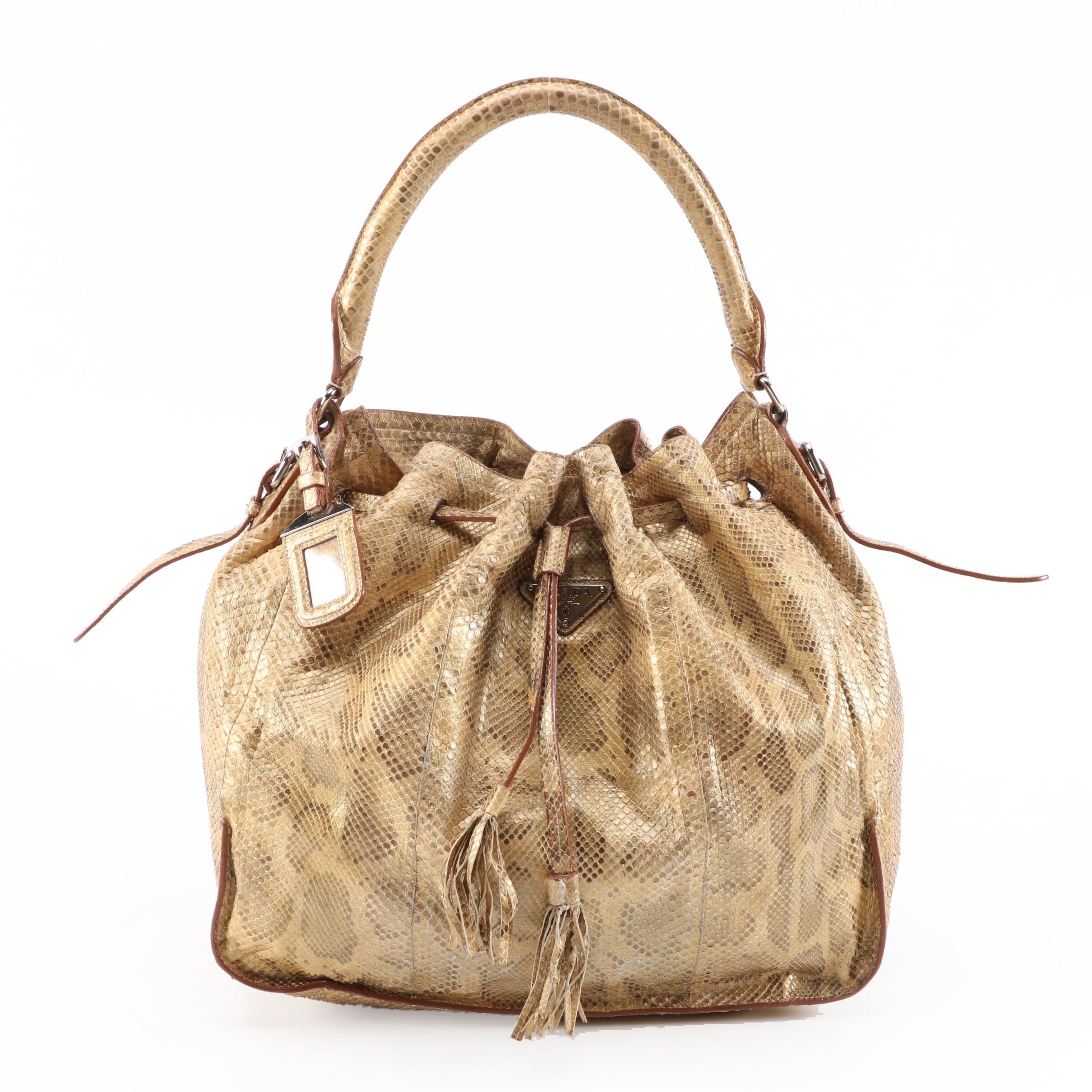 Prada Dyed Python Hobo Bag with Tassels in Metallic Gold