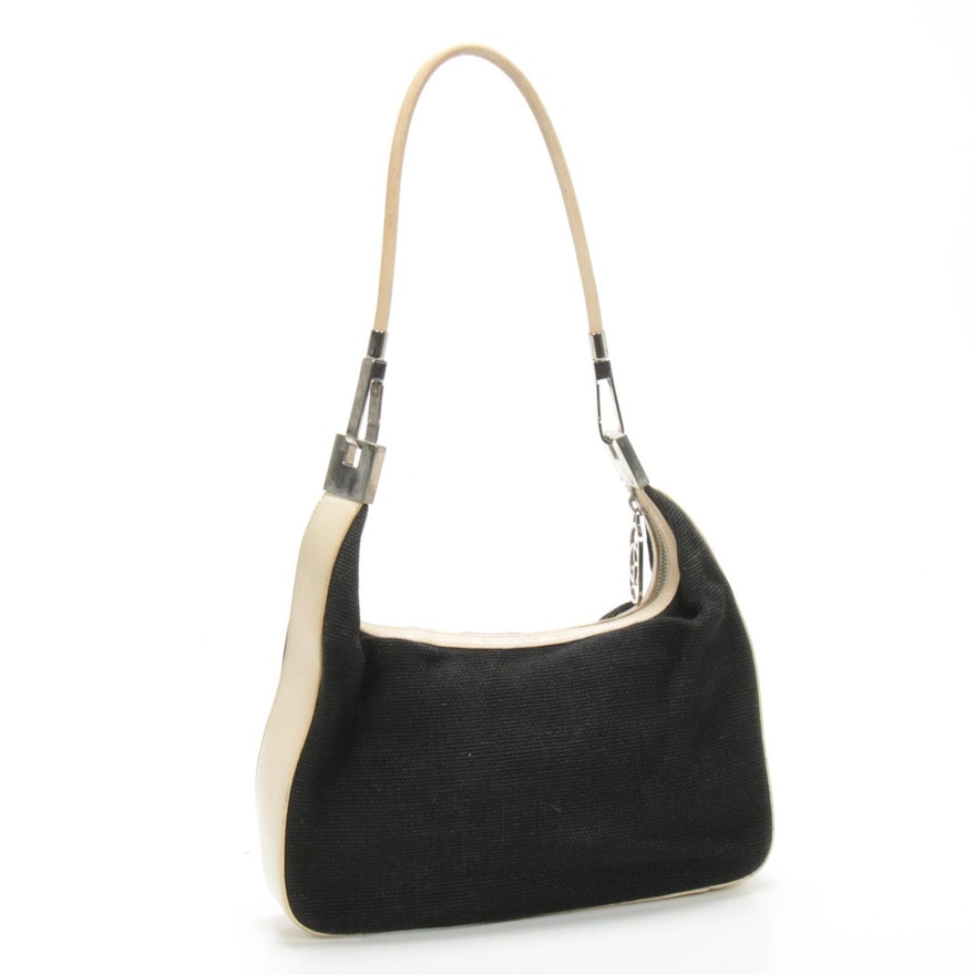 Gucci Black Canvas and Off-White Leather Trim Shoulder Bag