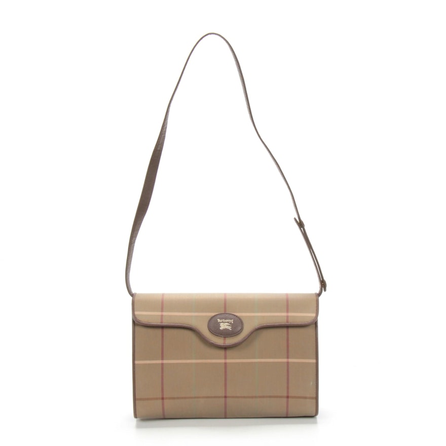 ‘Burberrys’ Plaid Canvas Shoulder Bag with Cross Grain Leather Trim, Vintage