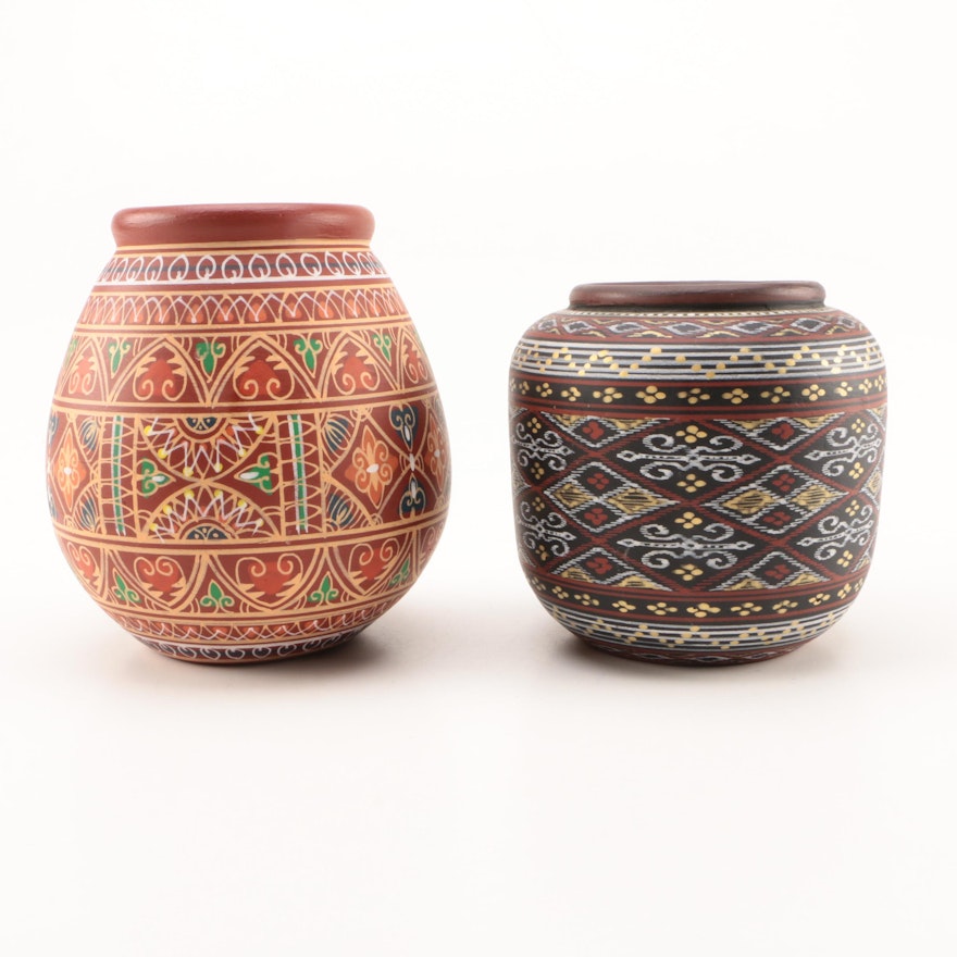 Philippine Hand-Painted Earthenware Pottery Vases