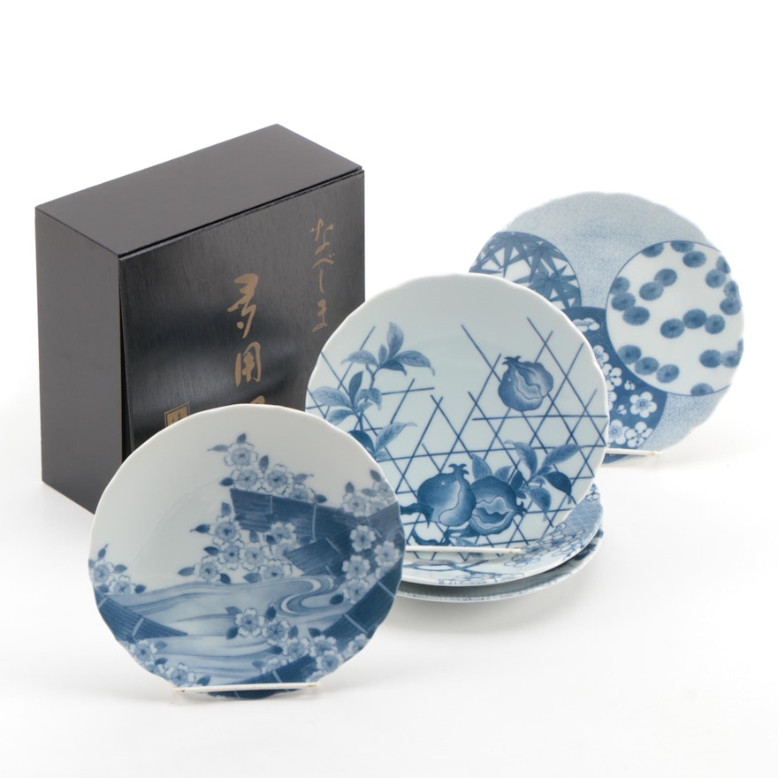 Japanese Blue and White Porcelain Salad Plates with Presentation Box