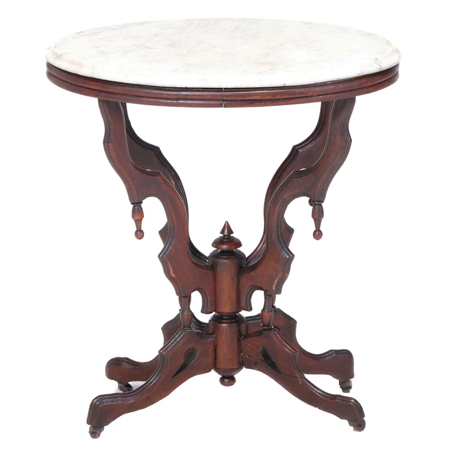 Victorian Walnut and White Marble Side Table, Late 19th Century