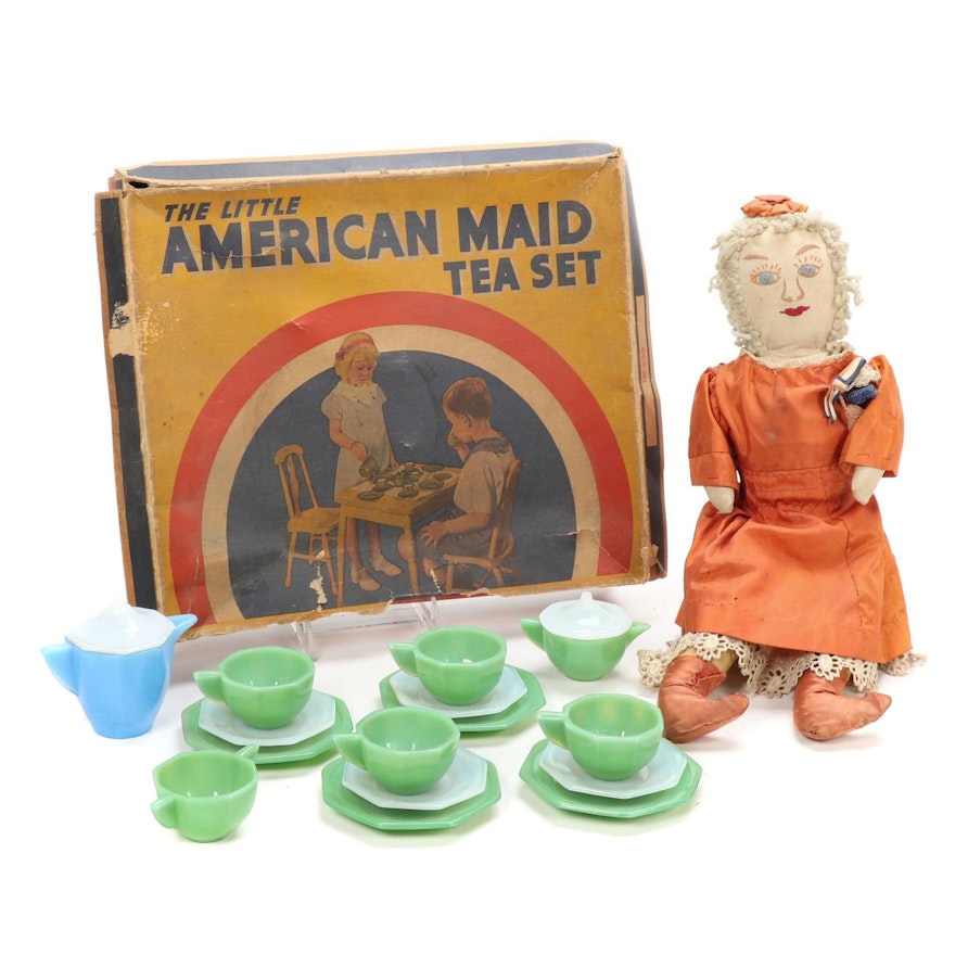 Akro Agate Jadeite, Opal, and Azure Glass Play Tea Set with Doll, 1930s