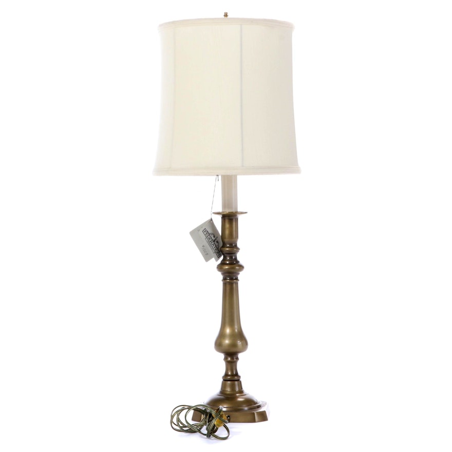 Brushed Brass Tone Pedestal Table Lamp with Canterbury Silk Shade