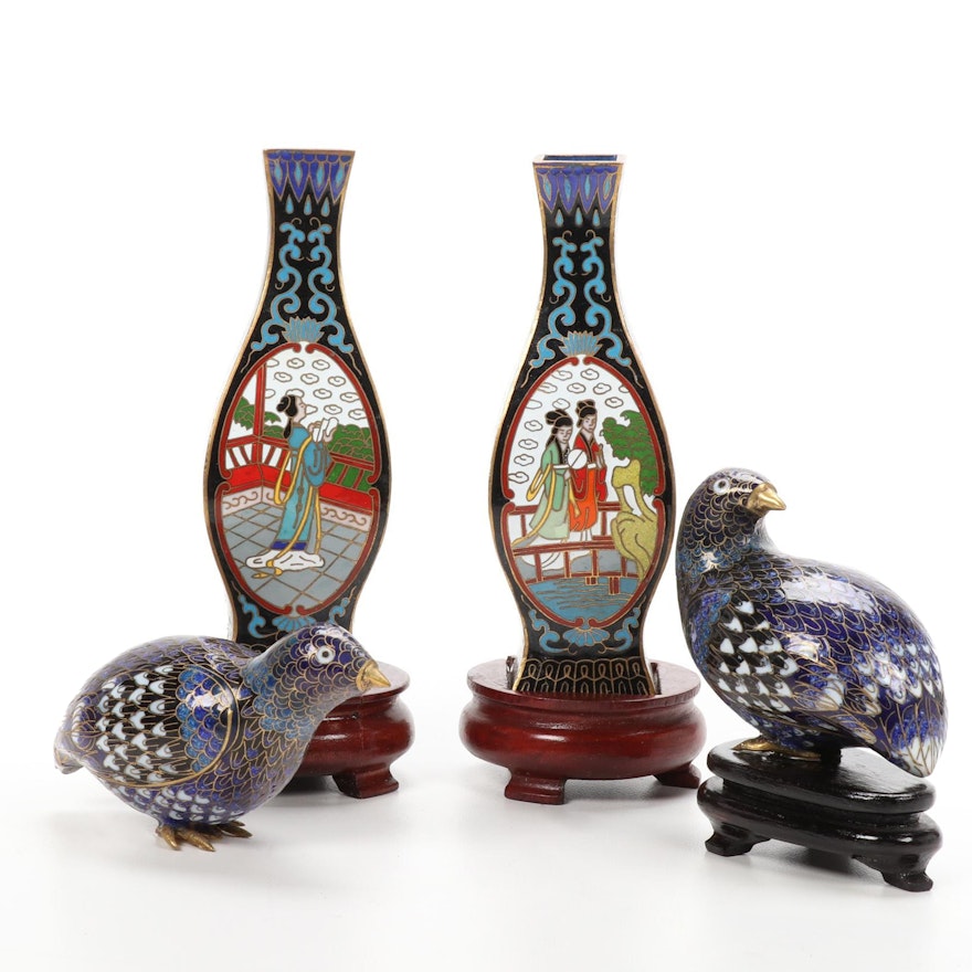 Chinese Cloisonné Bud Vases and Bird Figurines, Mid to Late 20th Century