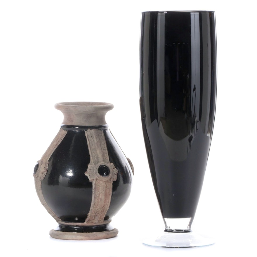 IMAX Ceramic Black and Brown Vase with Black Glass Vase