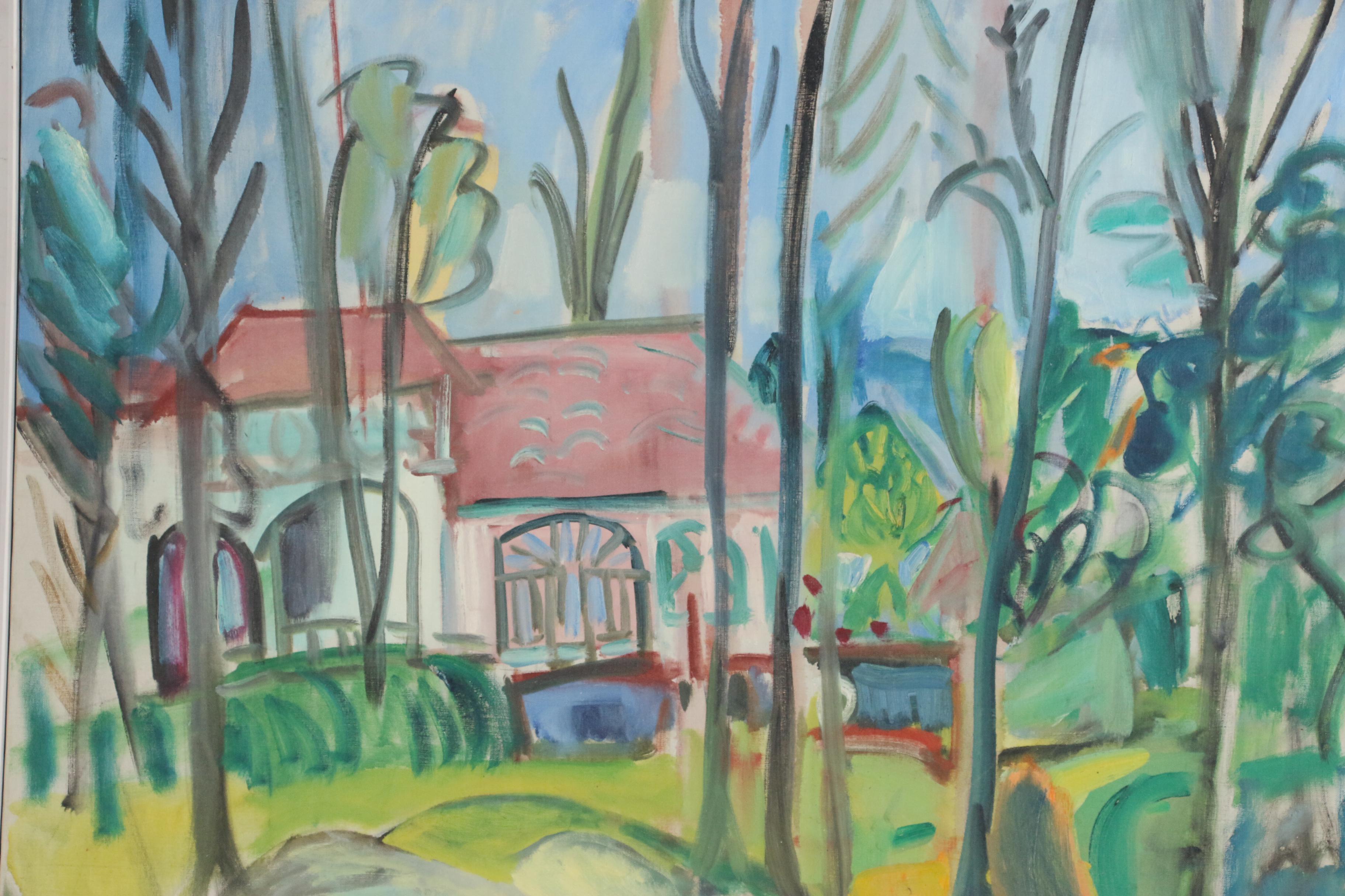 Marilyn Powers Oil Painting of Modernist Landscape with House