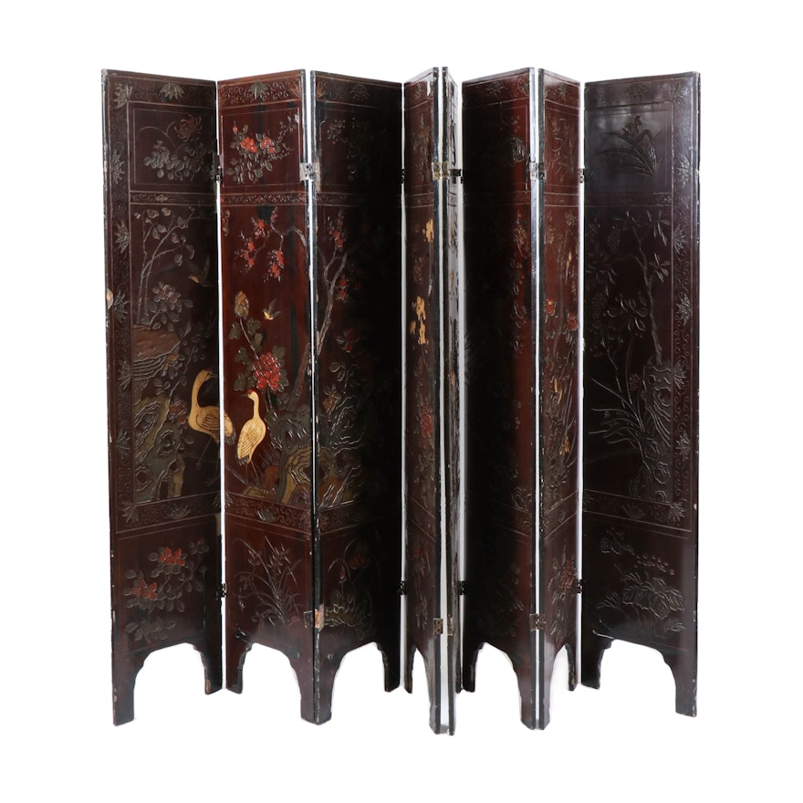 Chinese Lacquer and Papier-Mâché Eight-Panel Room Divider, Early 20th Century