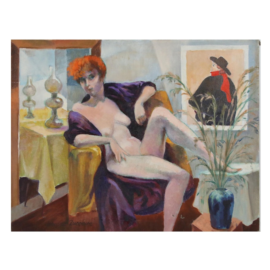 Jacques Zuccaire Figural Oil Painting with Decorated Interior, 20th Century