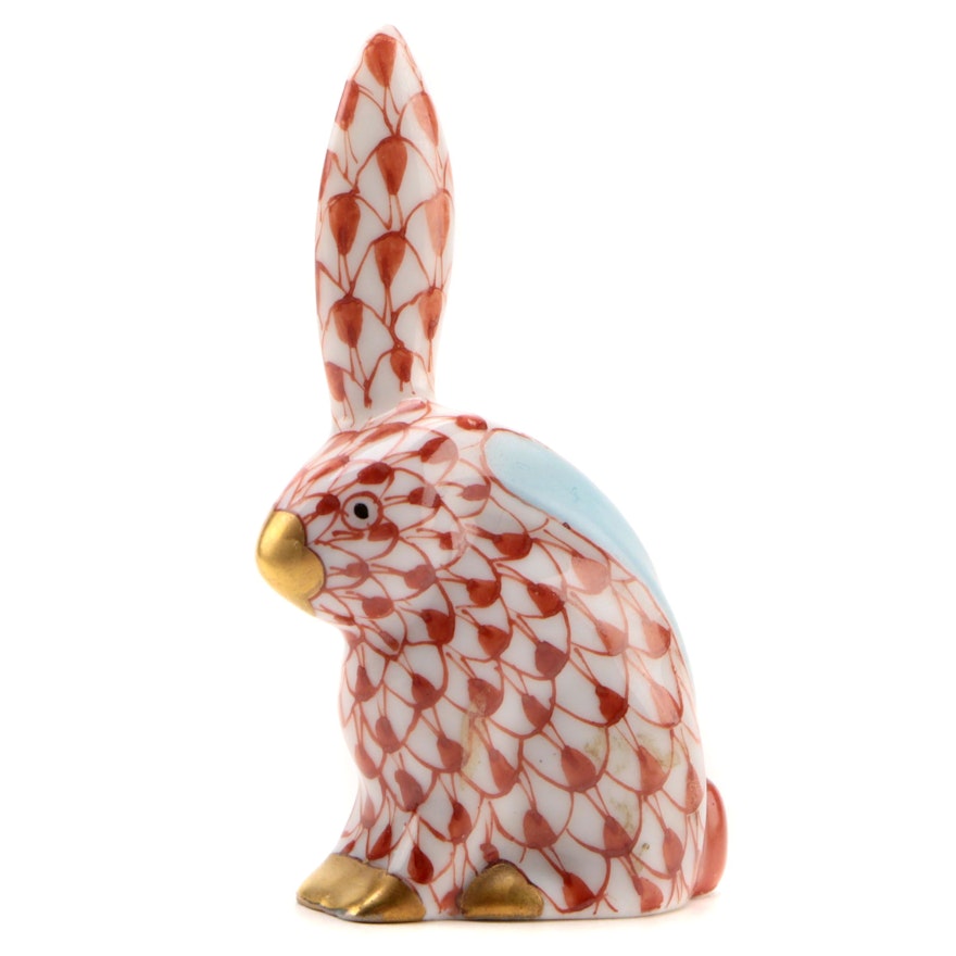 Herend Rust Fishnet "Miniature Rabbit with One Ear Up" Porcelain Figurine