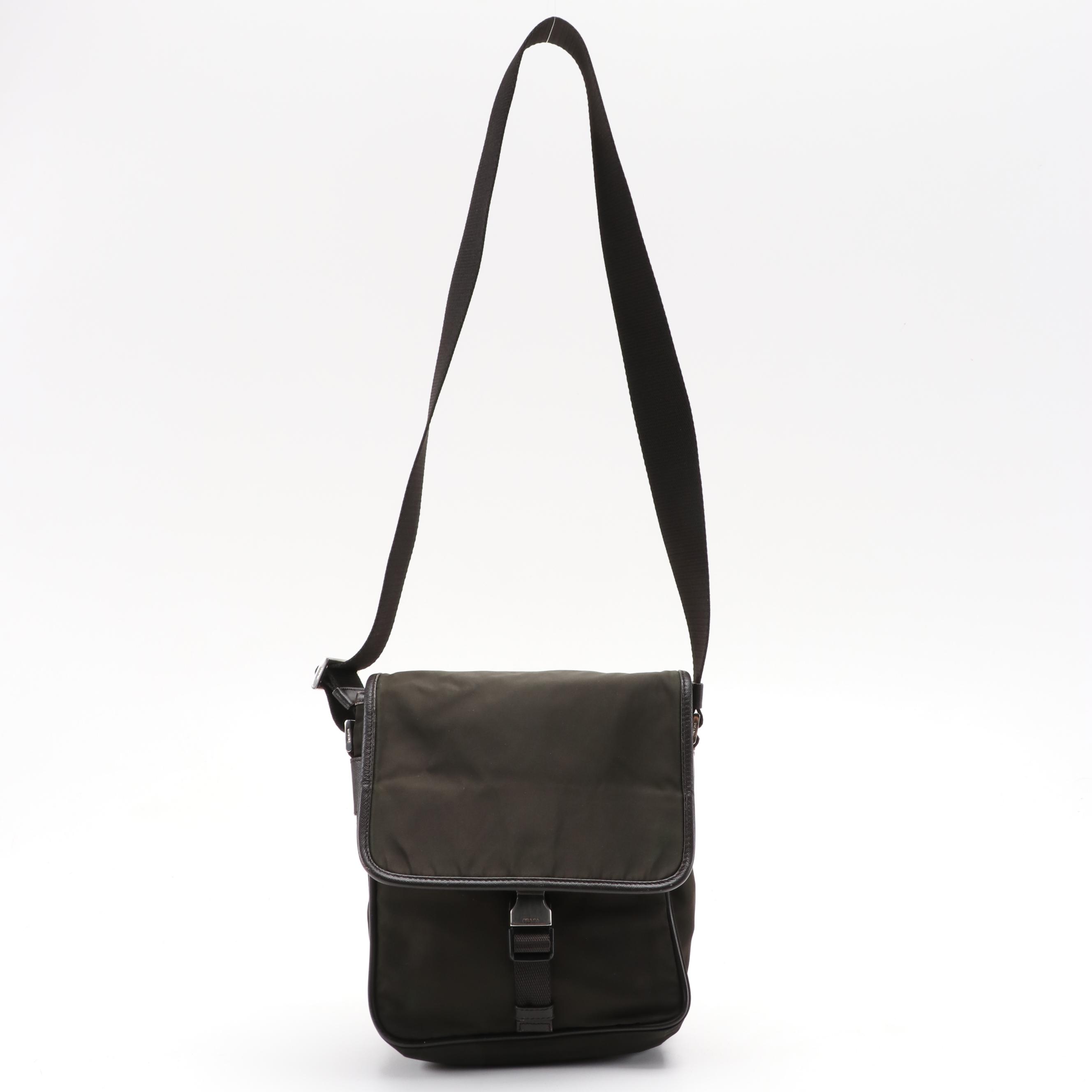 Prada Dark Brown Nylon Shoulder Bag with Saffiano Leather Trim