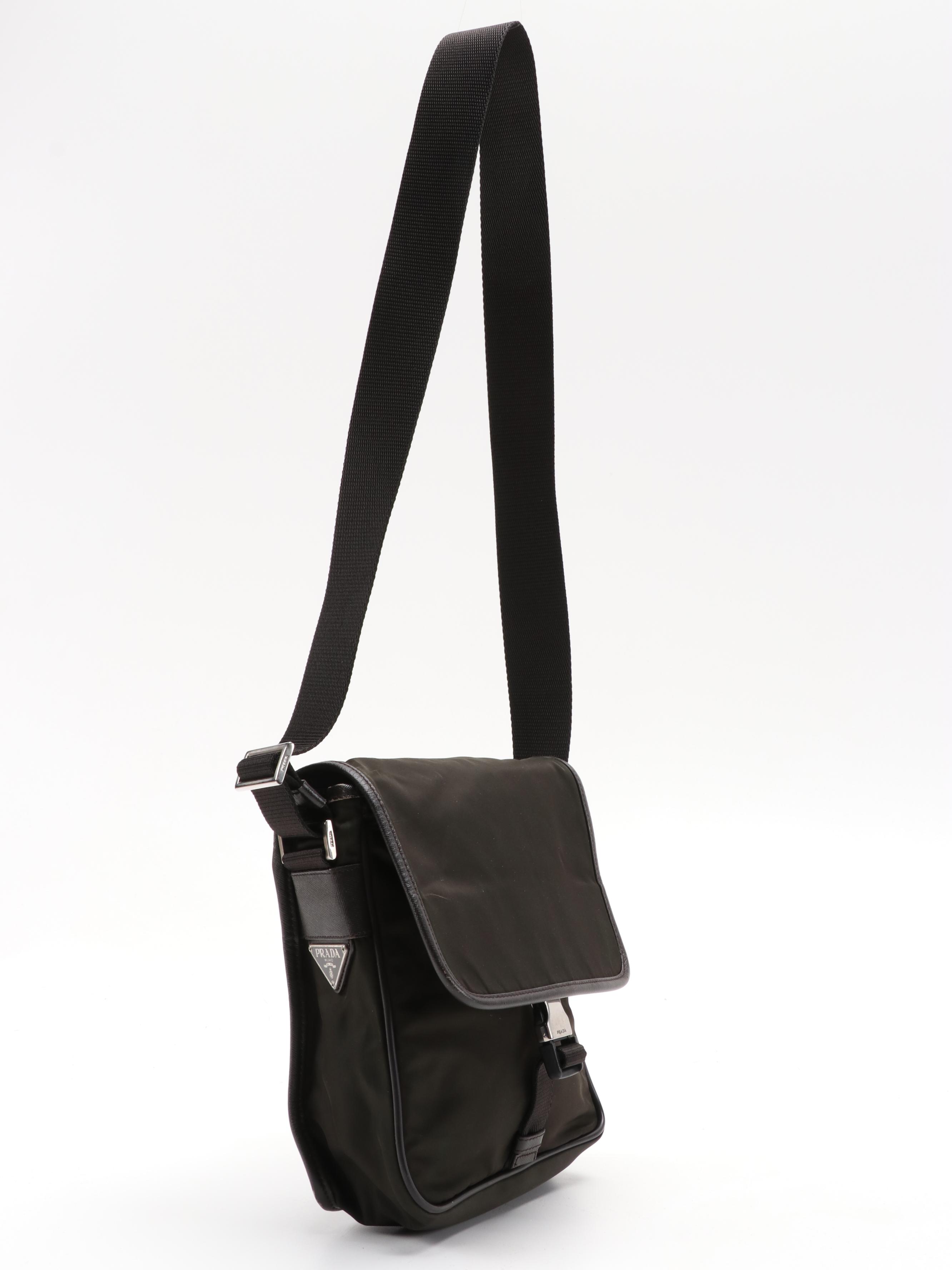 Prada Dark Brown Nylon Shoulder Bag with Saffiano Leather Trim