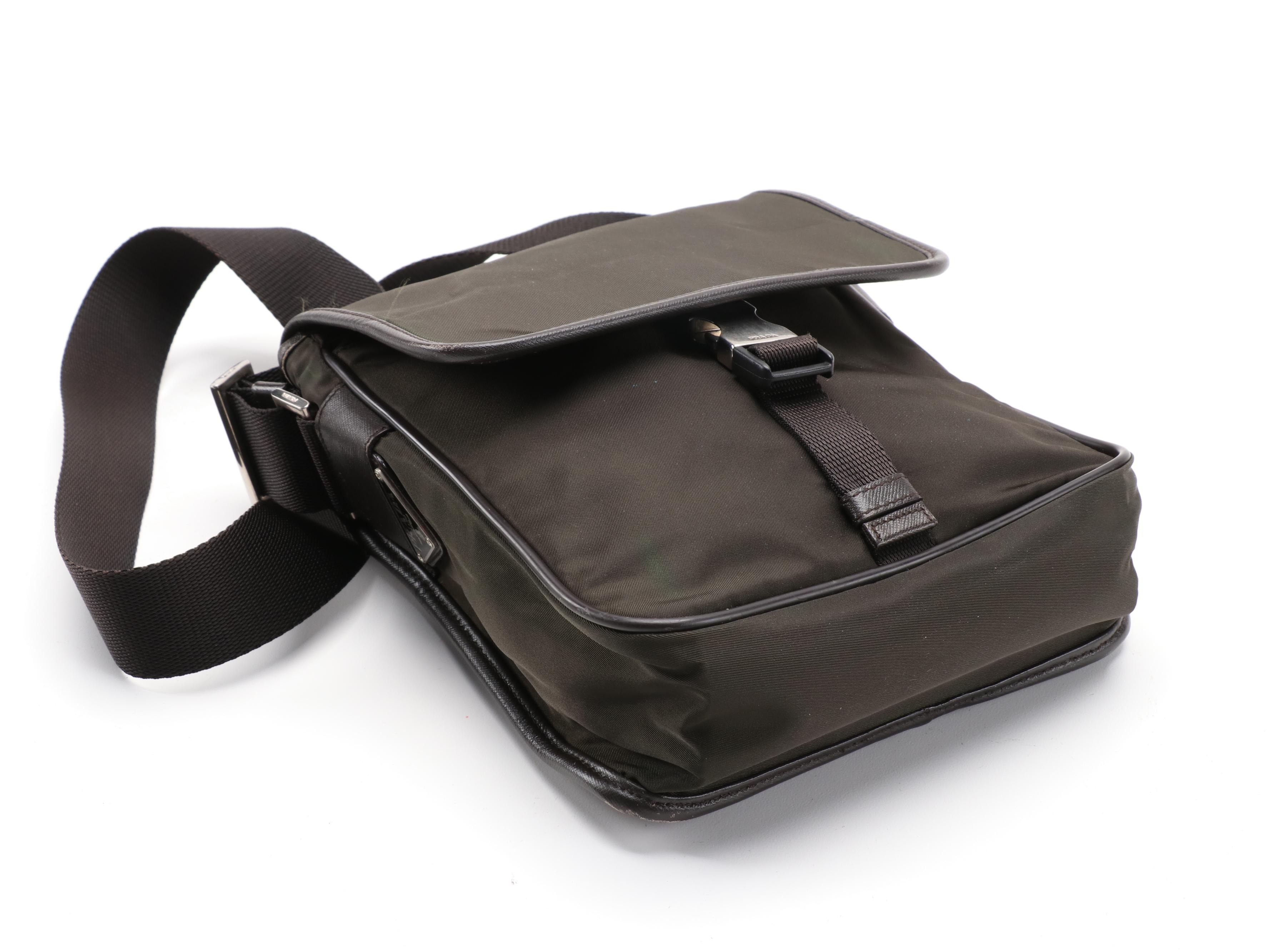 Prada Dark Brown Nylon Shoulder Bag with Saffiano Leather Trim