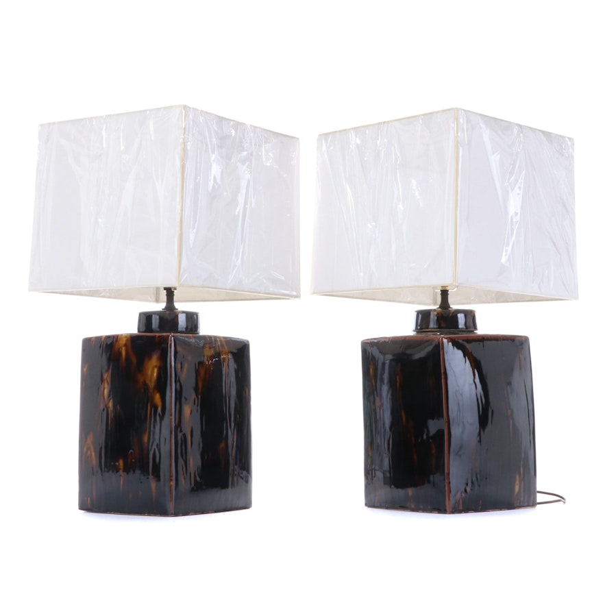 Pair of Glazed Ceramic Lamps with Allure Shades Inc Paper Shades