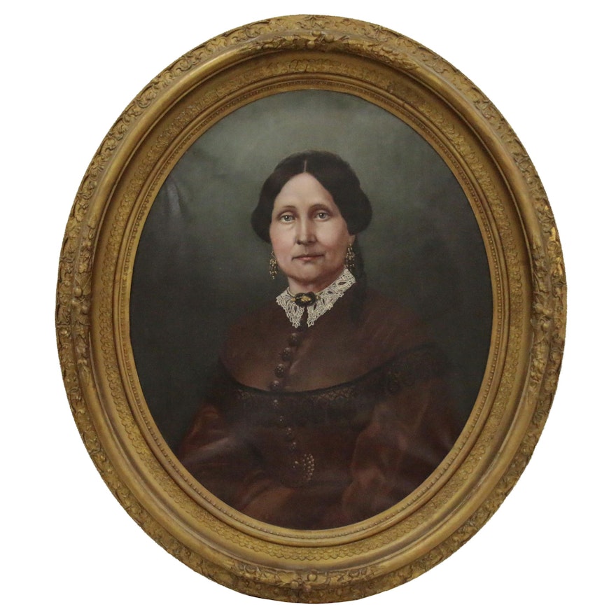 American School Oval Oil Portrait of Woman, Late 19th Century