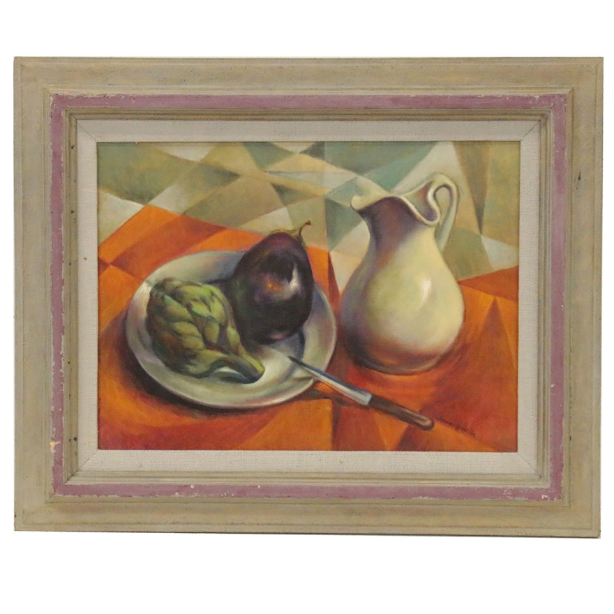 Jacques Zuccaire Oil Painting Still Life with Cubist Elements, Late 20th Century