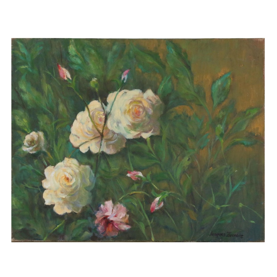 Jacques Zuccaire Oil Painting with White and Pink Roses, Late 20th Century