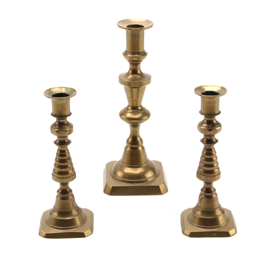 English Brass Baluster and Beehive Candlesticks, 19th Century