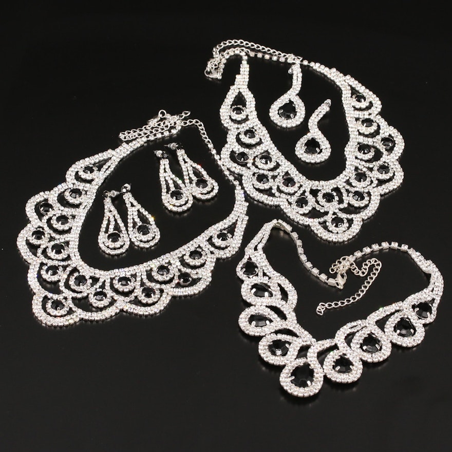 Rhinestone and Plastic Bib Necklaces and Drop Earrings