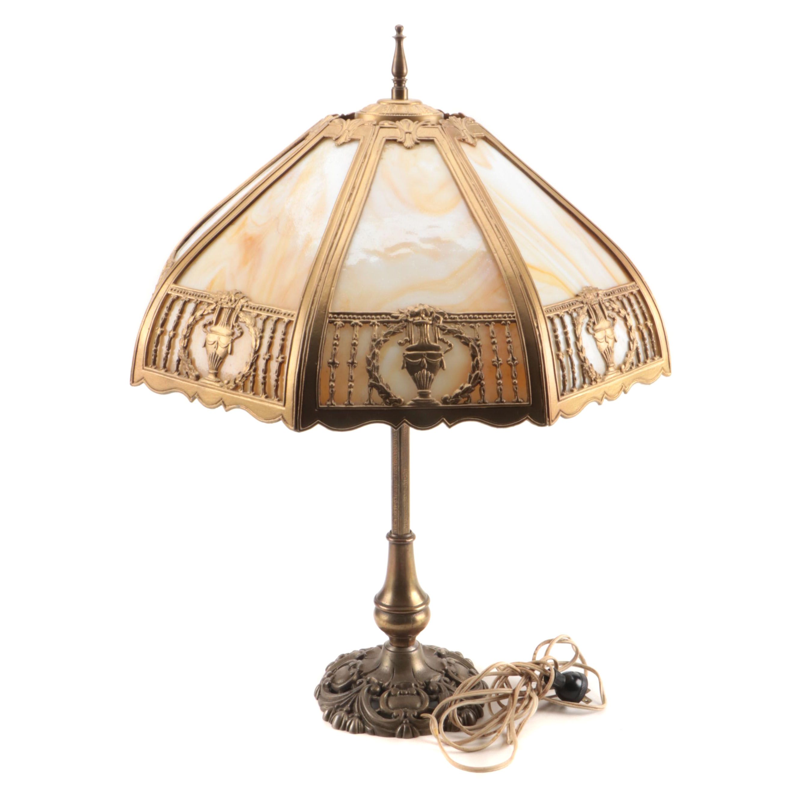 Slag Glass and Painted Metal Table Lamp, Early to Mid 20th Century