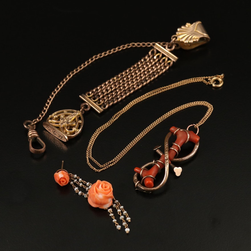 Vintage Assortment of 14K Coral and Seed Pearl Jewelry Including Watch Fob