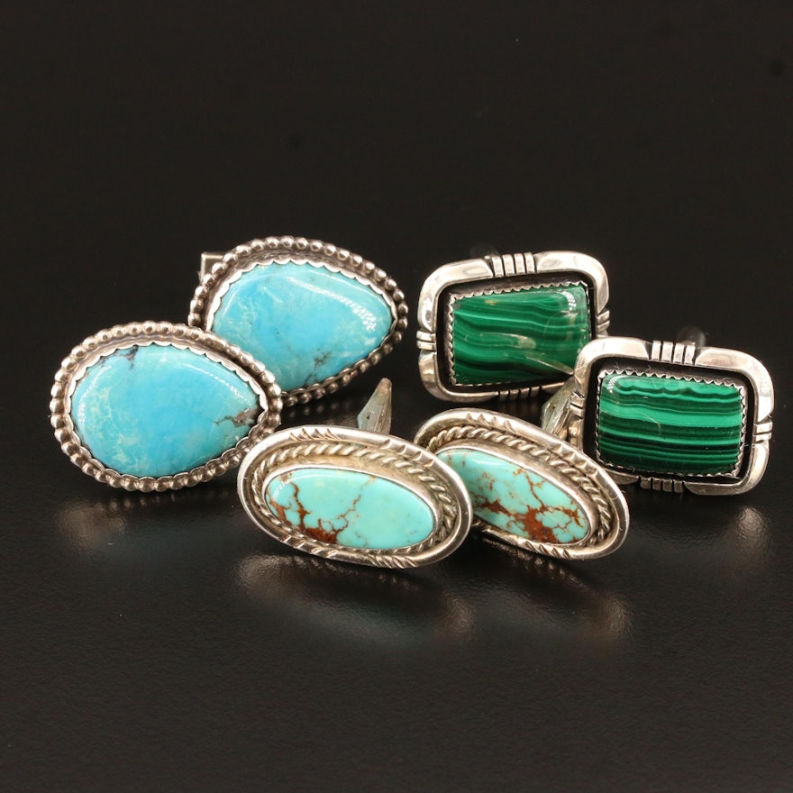 Selection of Southwestern Style Sterling, Turquoise and Malachite Cufflinks