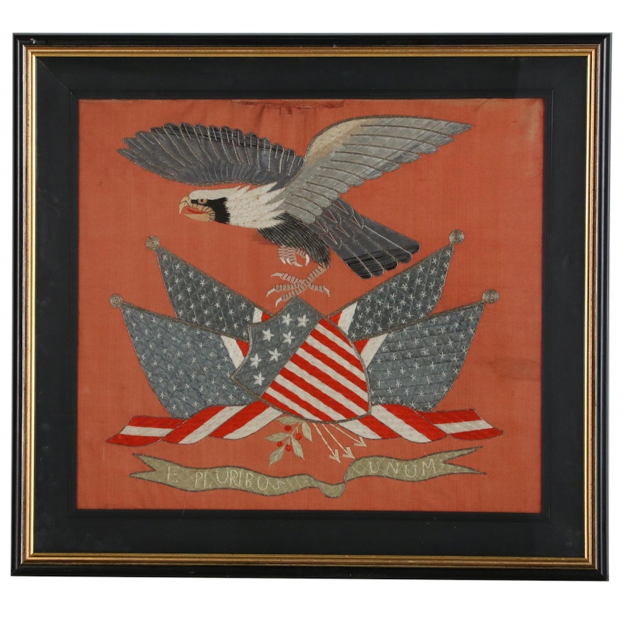 Japanese Export Silk Trapunto Embroidered American Patriotic Banner, circa 1900