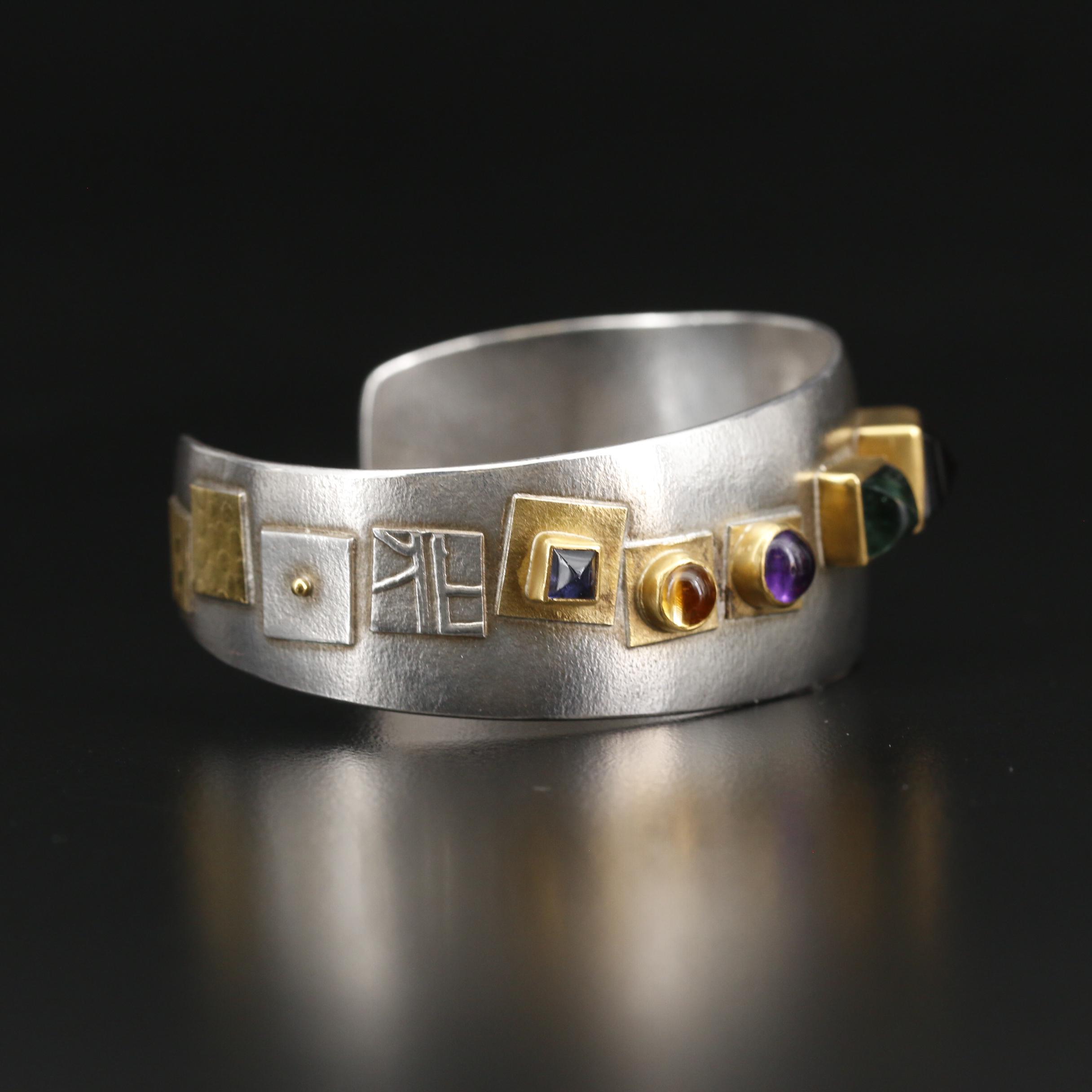 Contemporary Sydney Lynch Sterling Gemstone Asymmetrical Cuff