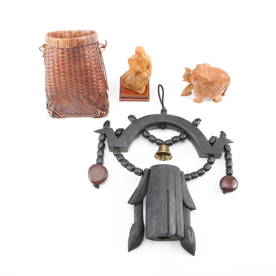 Carved Wooden Figurines with Basket and Cowbell