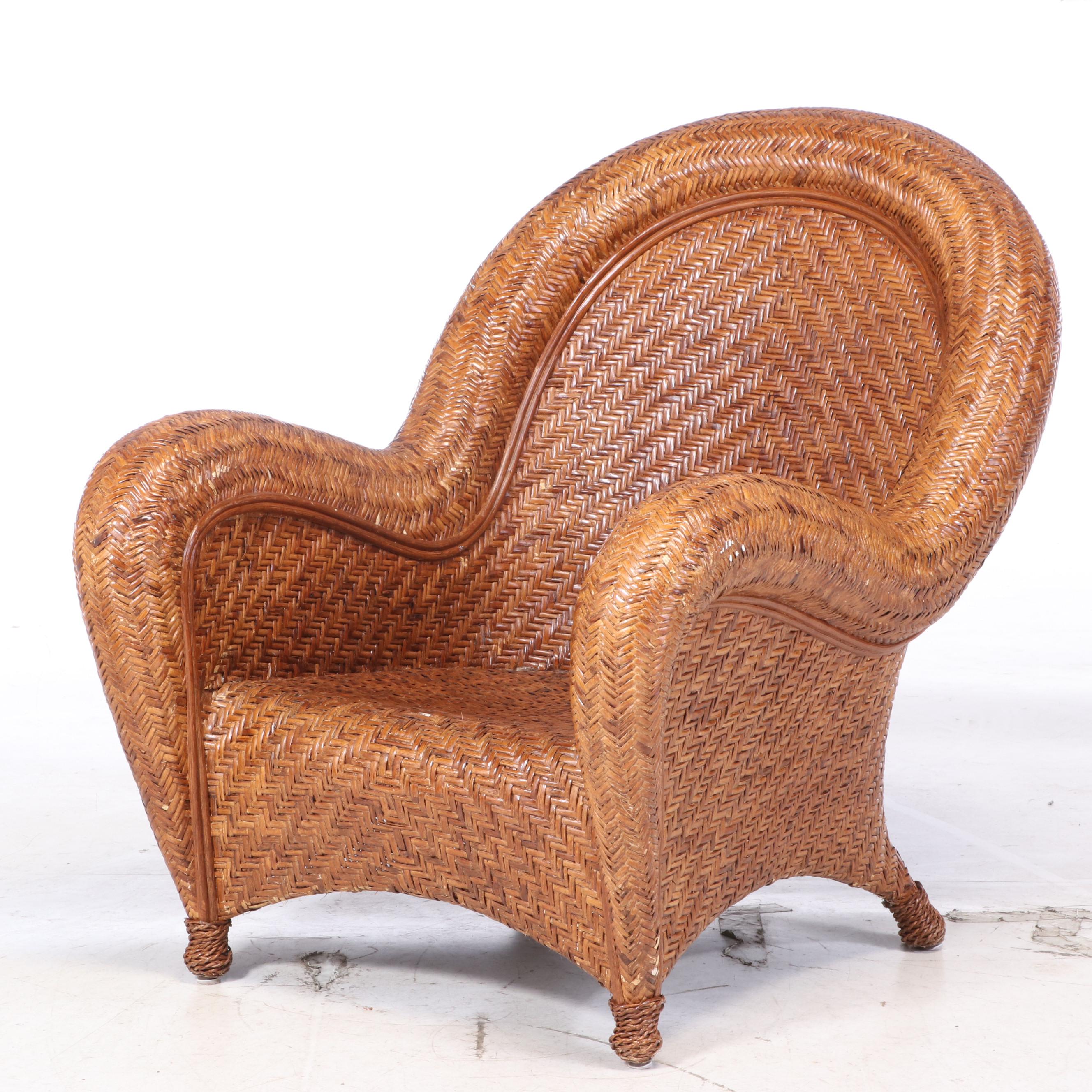 Pottery Barn "Malabar" Rattan Armchair and Footstool