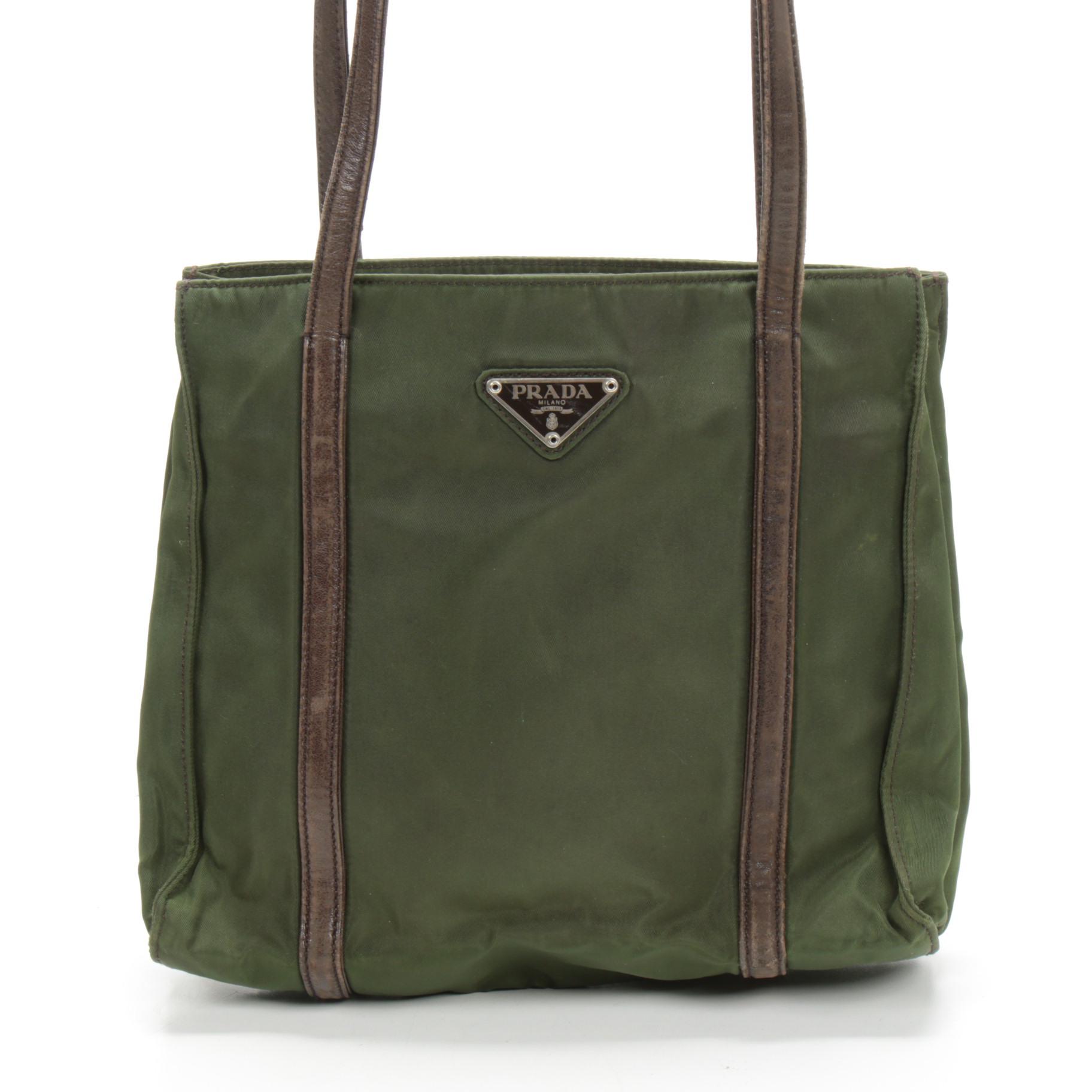 Prada Shoulder Bag in Green Tessuto Nylon and Brown Leather