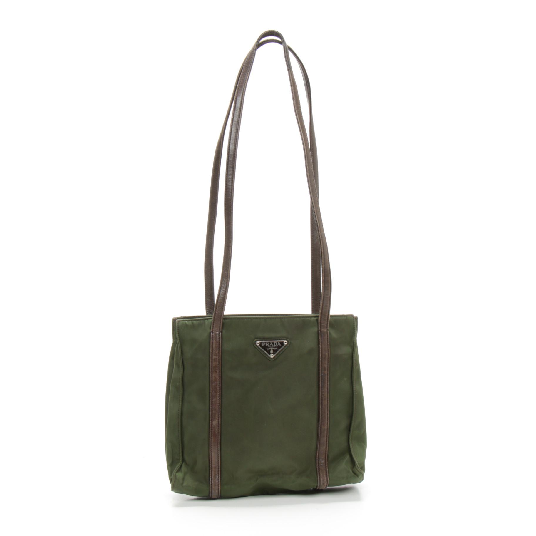 Prada Shoulder Bag in Green Tessuto Nylon and Brown Leather