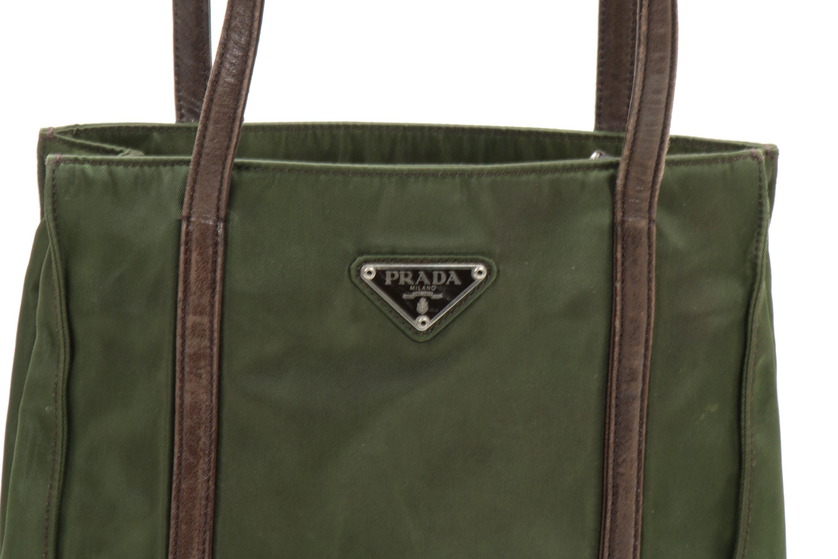 Prada Shoulder Bag in Green Tessuto Nylon and Brown Leather