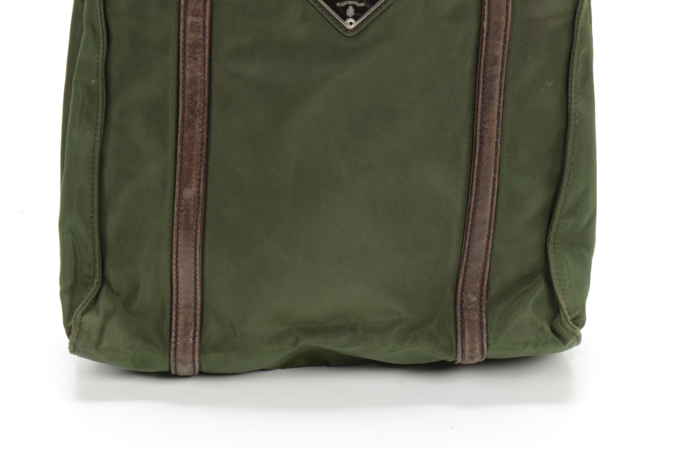 Prada Shoulder Bag in Green Tessuto Nylon and Brown Leather