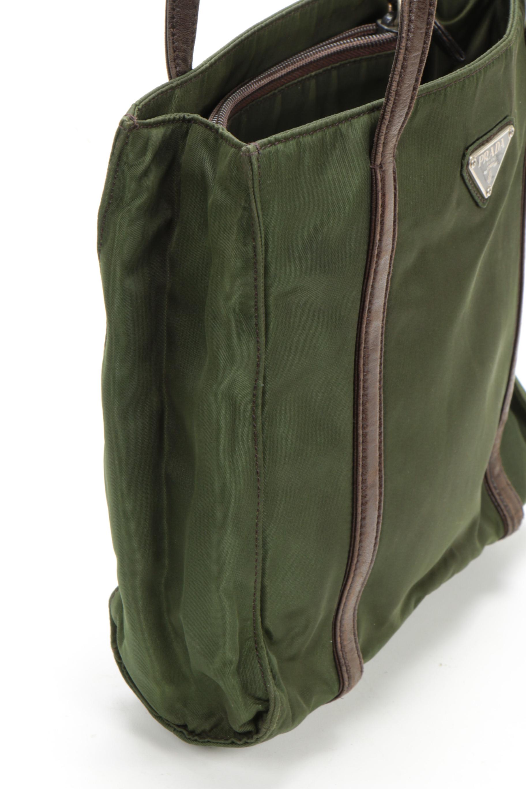 Prada Shoulder Bag in Green Tessuto Nylon and Brown Leather