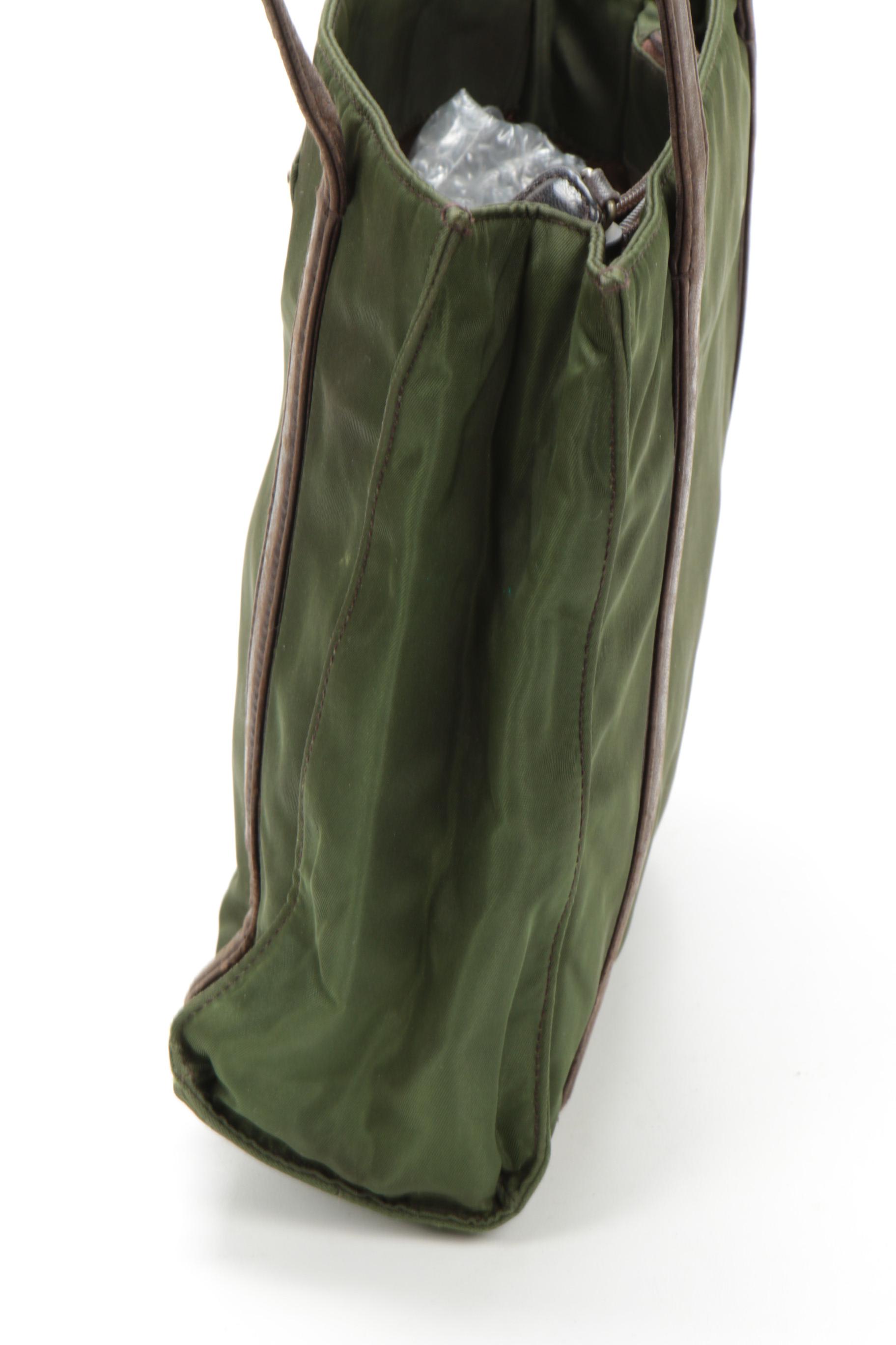 Prada Shoulder Bag in Green Tessuto Nylon and Brown Leather