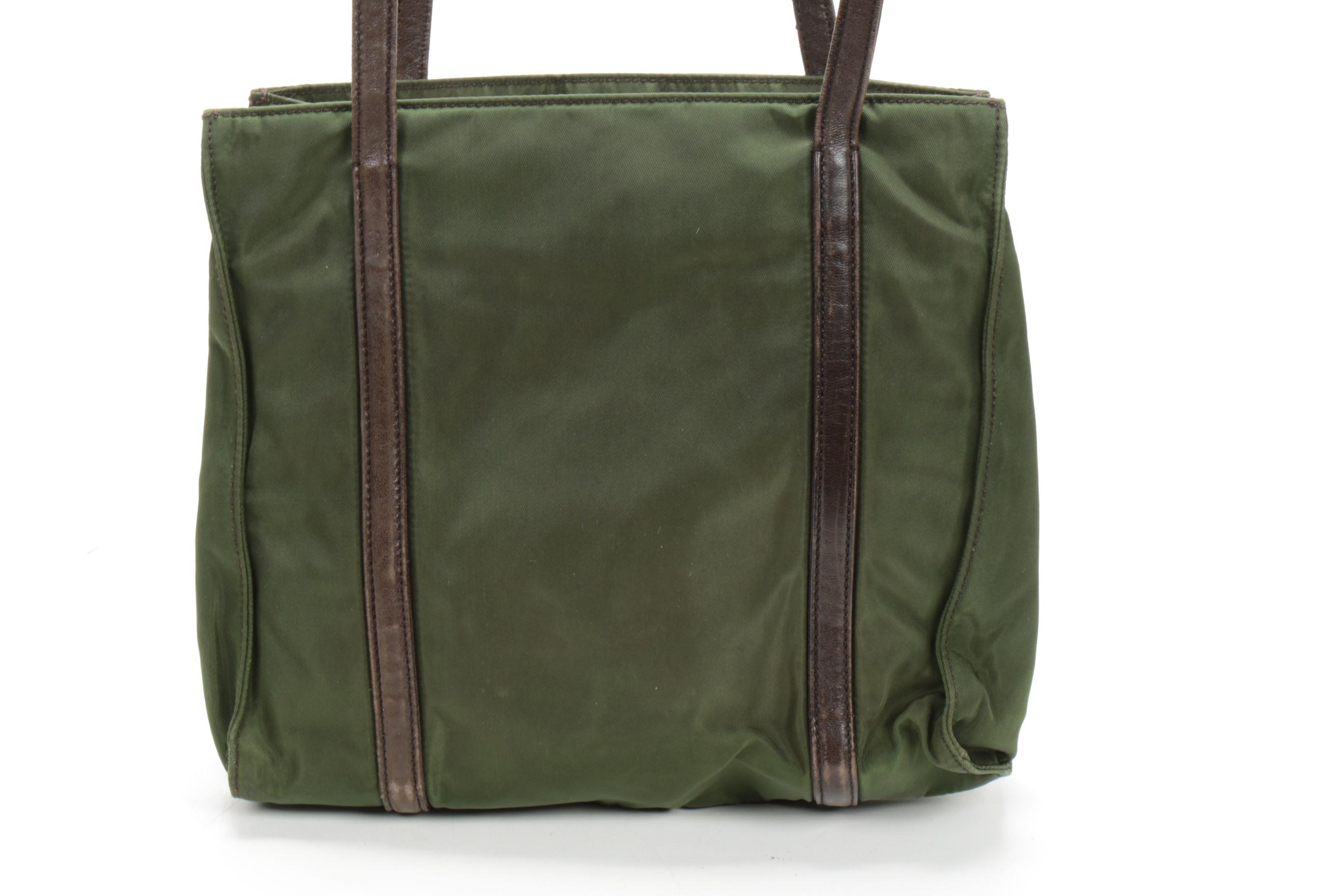 Prada Shoulder Bag in Green Tessuto Nylon and Brown Leather