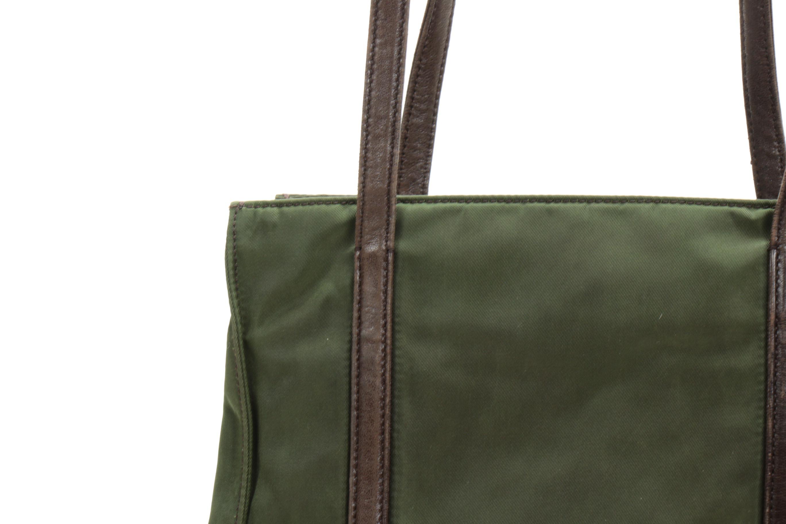 Prada Shoulder Bag in Green Tessuto Nylon and Brown Leather