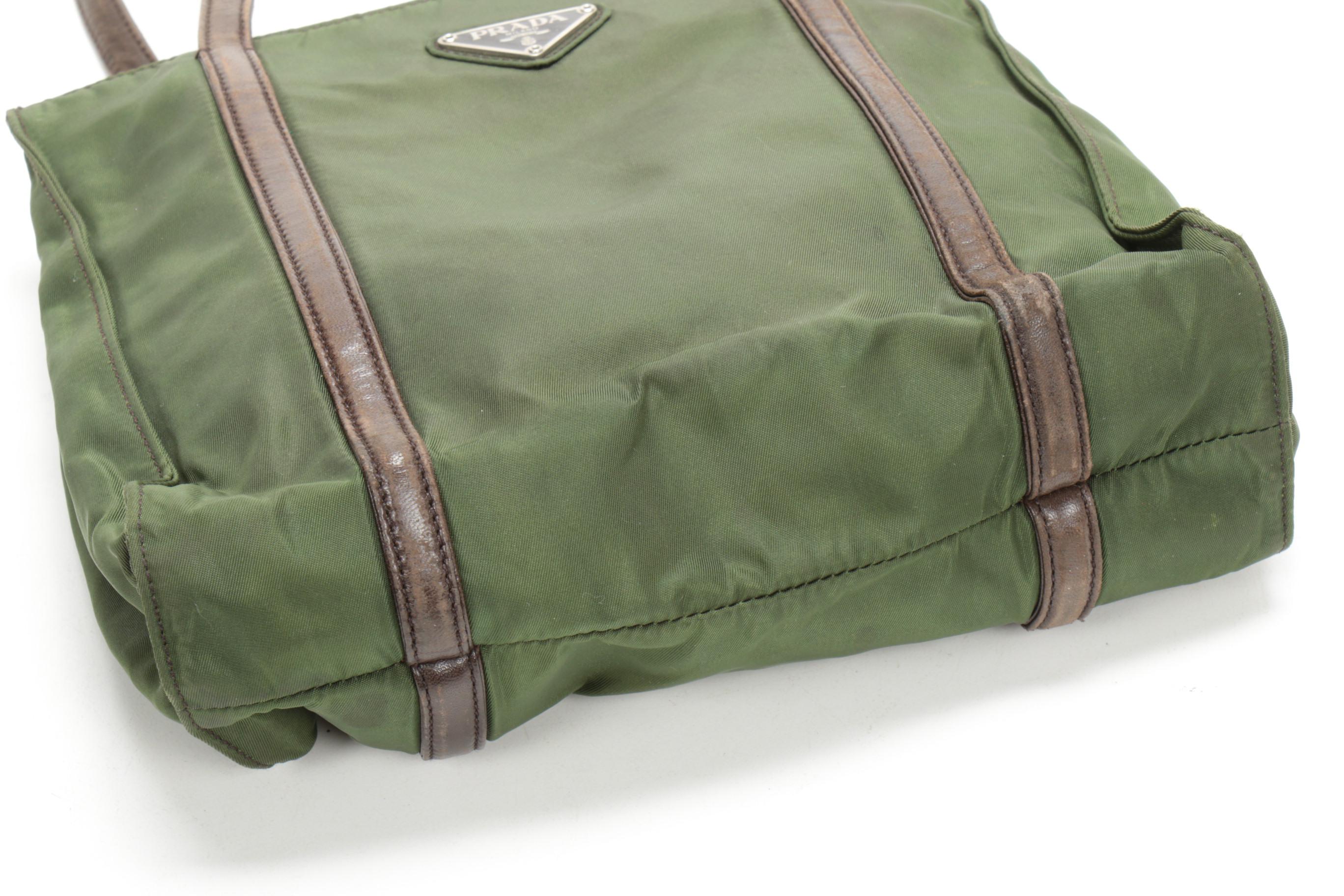 Prada Shoulder Bag in Green Tessuto Nylon and Brown Leather