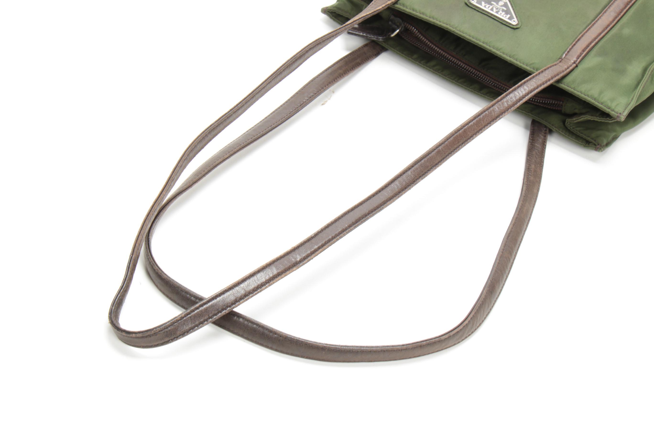 Prada Shoulder Bag in Green Tessuto Nylon and Brown Leather