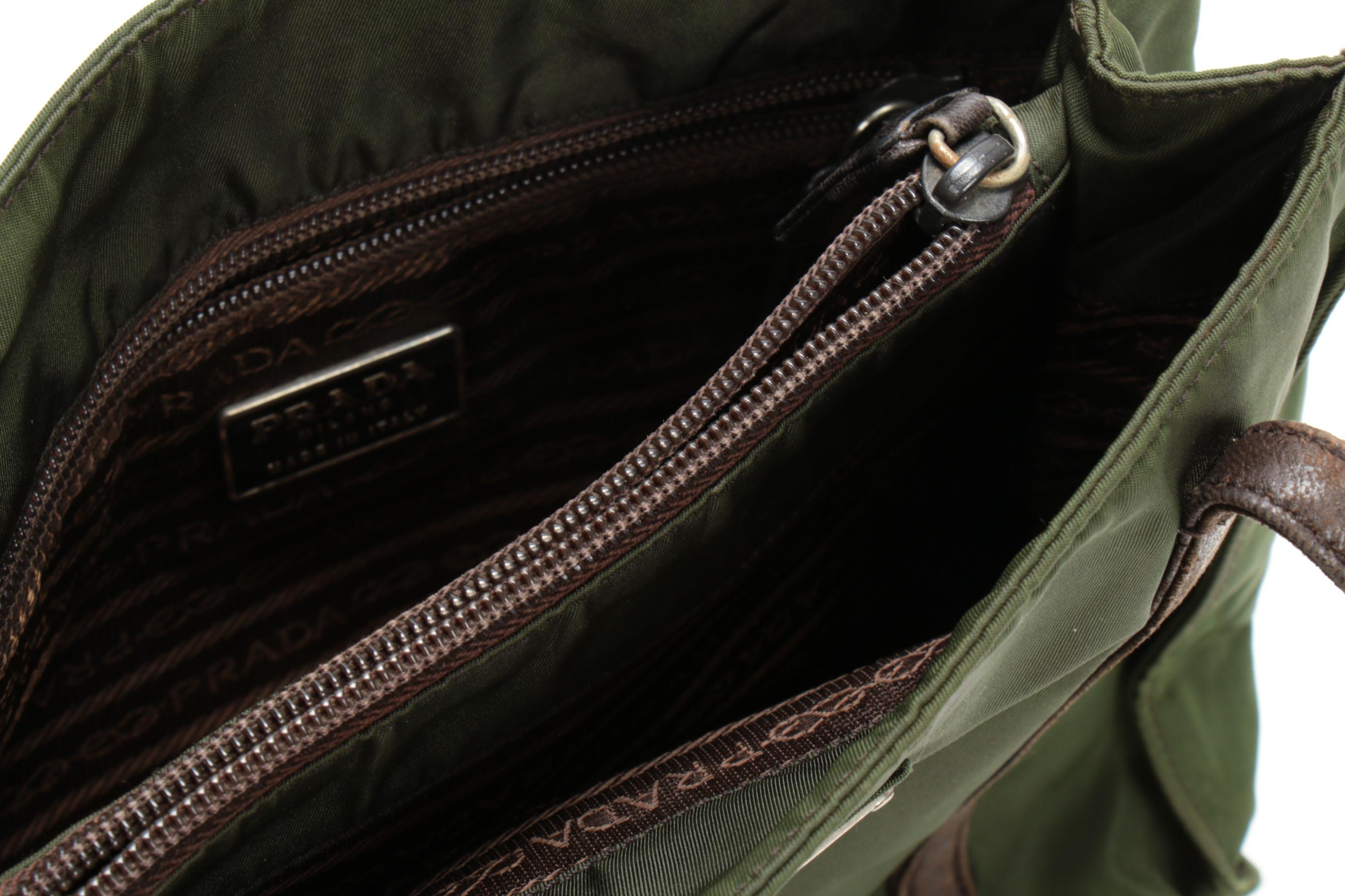 Prada Shoulder Bag in Green Tessuto Nylon and Brown Leather