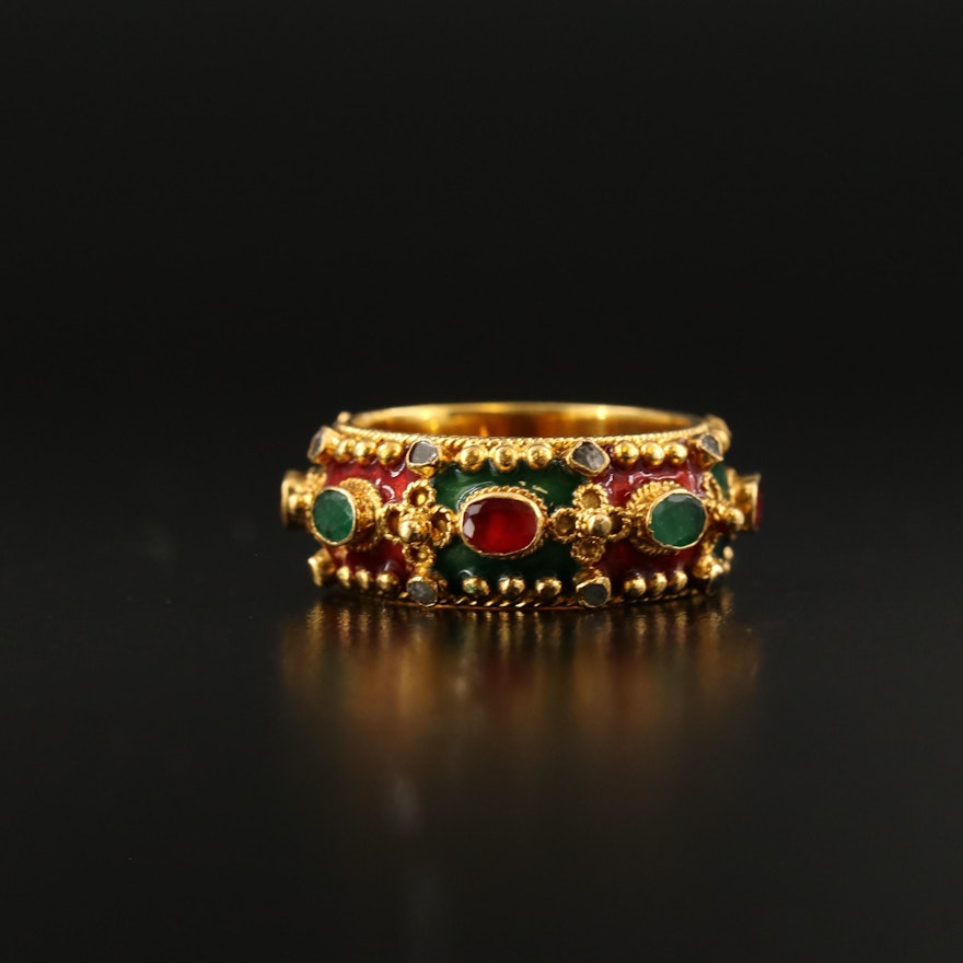 18K Emerald, Ruby and Diamond Granulated Ring
