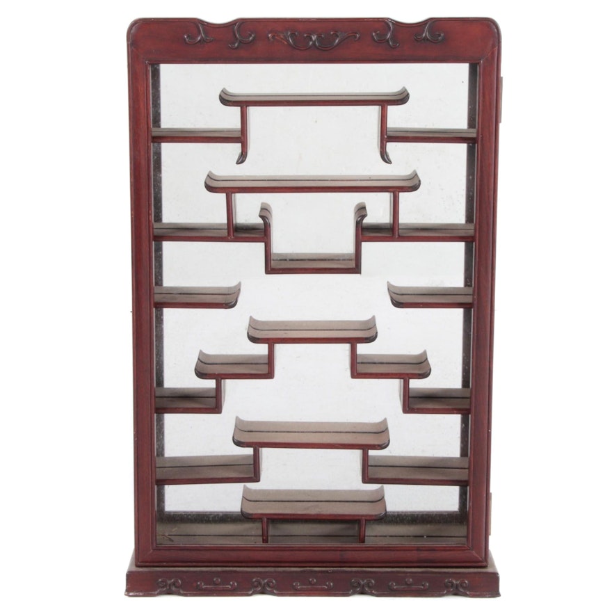 Asian Inspired Cherry Finish Wall Display Cabinet, Late 20th Century