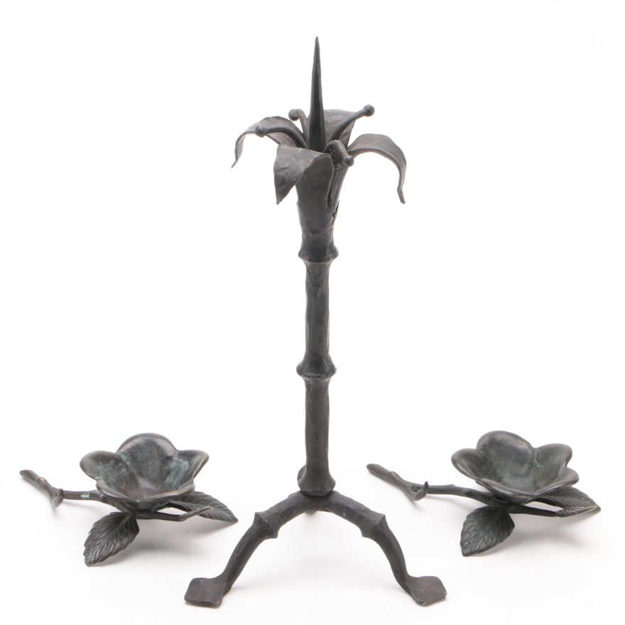 Wrought Iron Floral Motif Pricket Candlestick with a Pair of Candle Holders