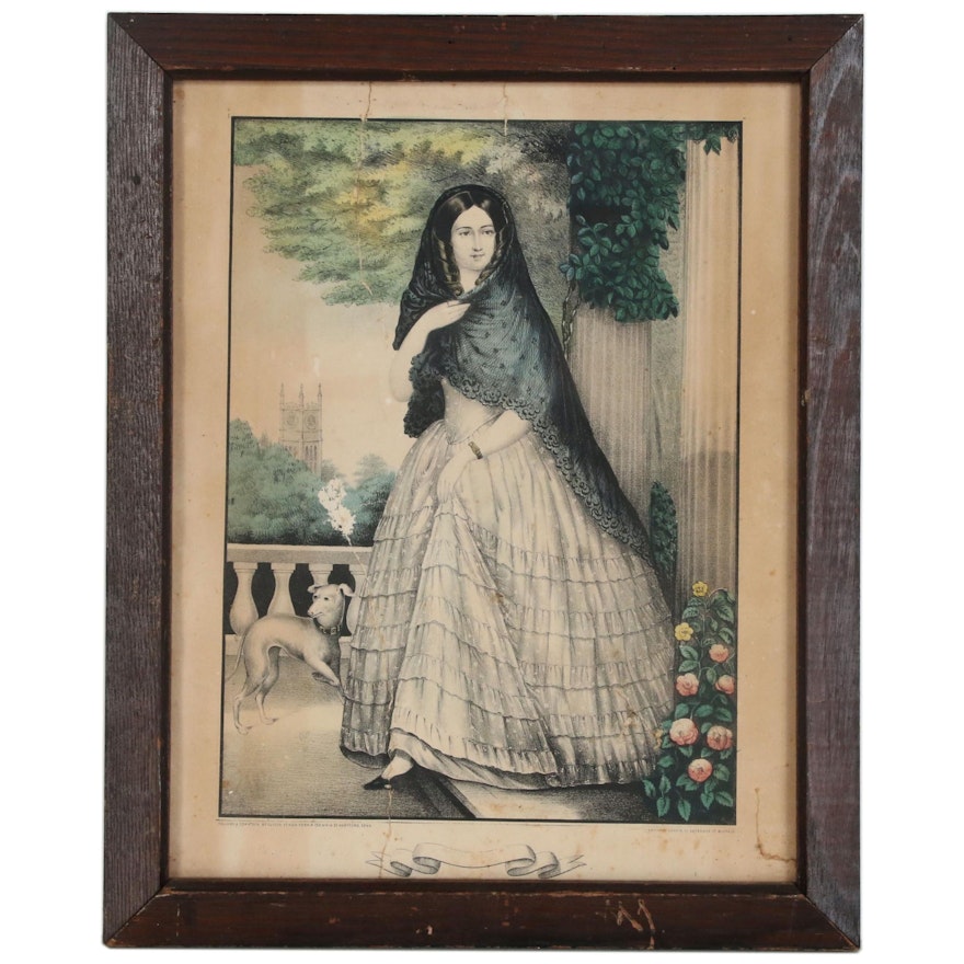 Hand-Colored Crayon Manner Lithograph of a Woman, Mid-19th Century