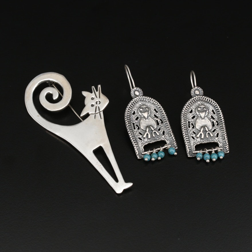 Mexican Sterling  Turquoise Cat Brooch and Western Bird Cage Earrings