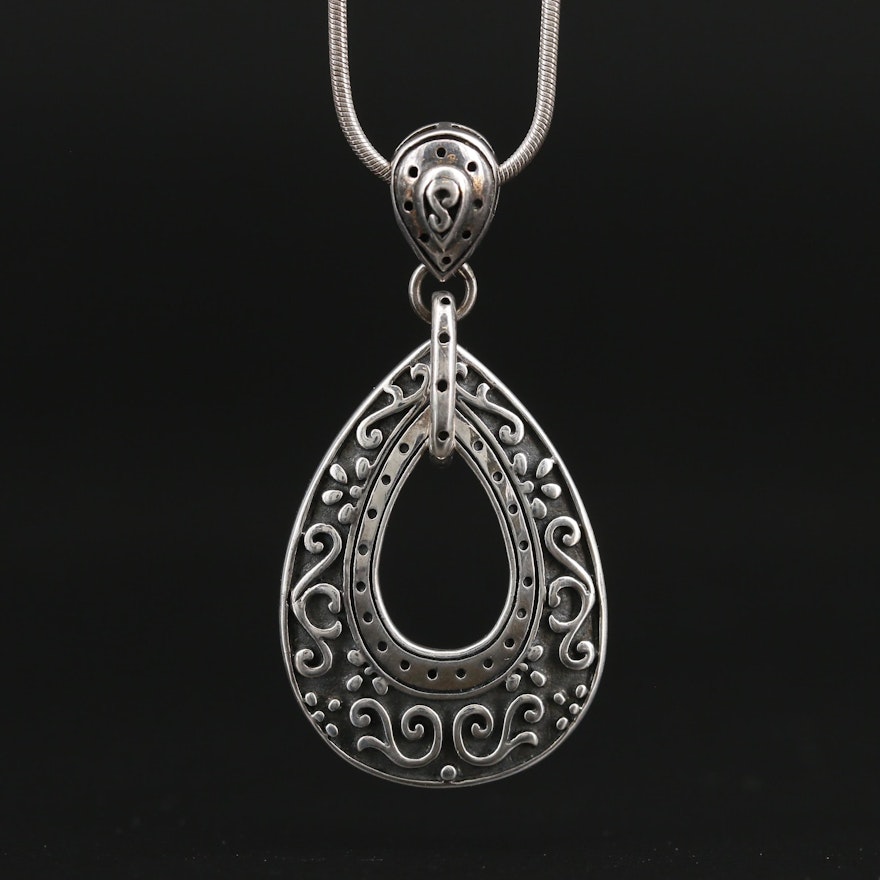 Sterling Silver Snake Chain Necklace with Scrollwork Pendant